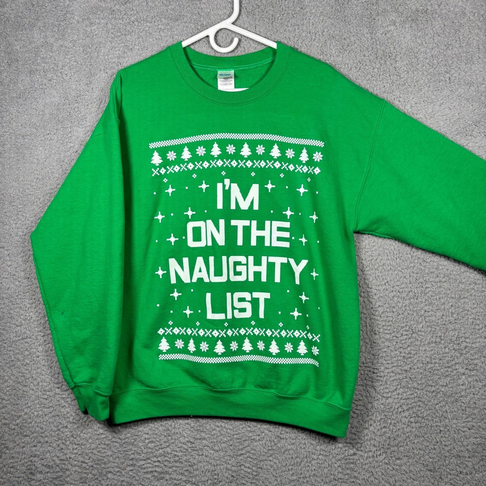 Gildan Sweatshirt Mens L Green Naughty List Christmas Graphic Pullover Fleece